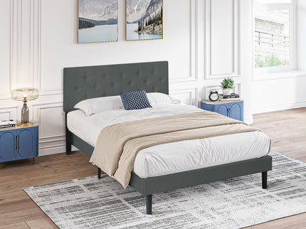 Modern Upholstered Platform Bed Frame With Button Tufted Fabric Headboard