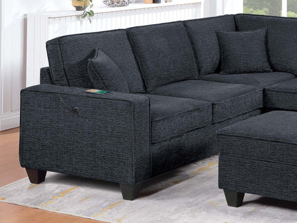 5 Piece Sectional Set With USB Port Left Arm Loveseat Chaise Right Arm Loveseat Corner Wedge Armless Chair Ottoman Upholstered - Black / Slate
