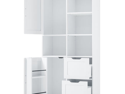 Freestanding Bathroom Storage Cabinet With Doors And Drawers, Adjustable Shelf, Open Shelves - White
