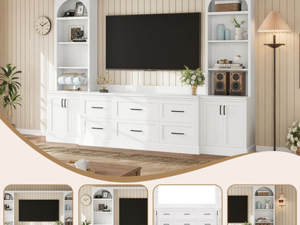 Arched Entertainment Center Wall Unit With 6 Drawers, Large TV Stand With Bookshelves