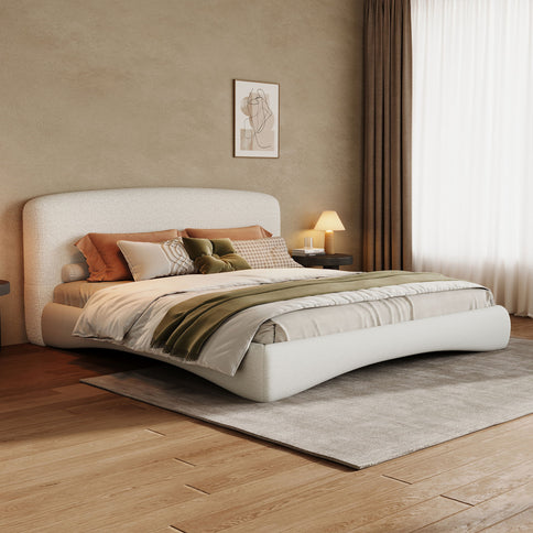 King Curved Upholstered Bed With Smart Ambient Lighting - Cream