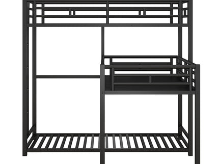 L-Shaped Triple Twin Size Bunk Bed, Industrial Design With Integrated Ladder And Full Length Guardrails - Black