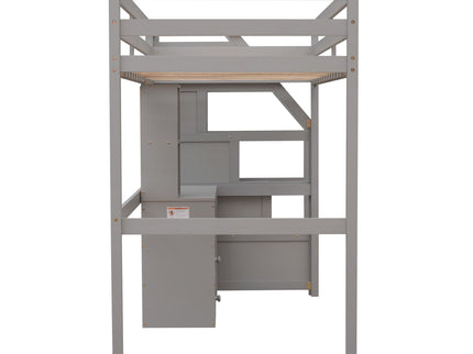 Loft Bed With Stand Alone Bed, Storage Staircase, Desk, Shelves, And Drawers