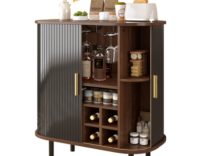 Fluted Wine Bar Cabinet With 8 Grid Wine Rack, 5 Level Adjustable Shelves, 2 Glass Holders
