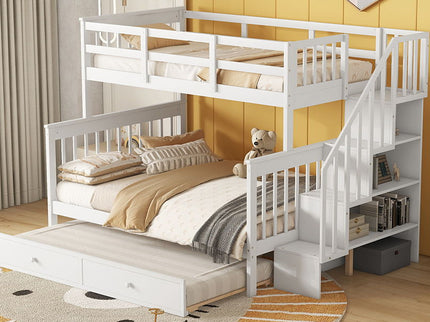Bunk Bed With Twin Size Trundle, Storage And Guard Rail For Bedroom