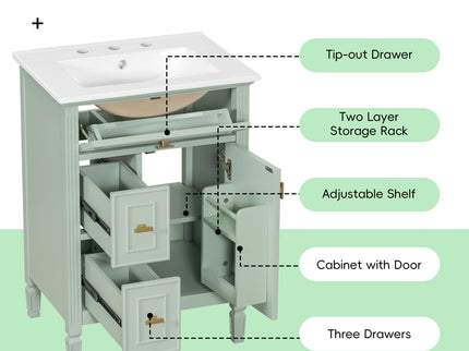 Modern Bathroom Vanity With Sink, Flip Drawer, 2 Drawers, Adjustable Shelf