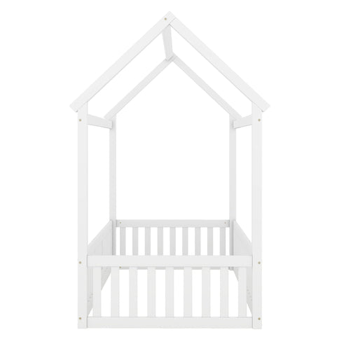 Wood House Bed With Fence And Door