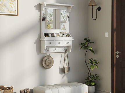 Floating Makeup Vanity With Big Mirror, Wall Mounted Storage Vanity With Drawers, Pockets & Hooks, Space Saving Decorative Home Organizer - White