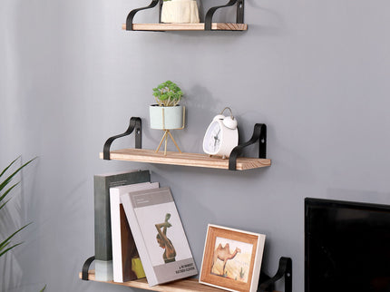 Floating Shelves, Long Wall Shelves (Set of 3), Wall Mounted Shelves & Brackets For Bedroom - Natural Wood