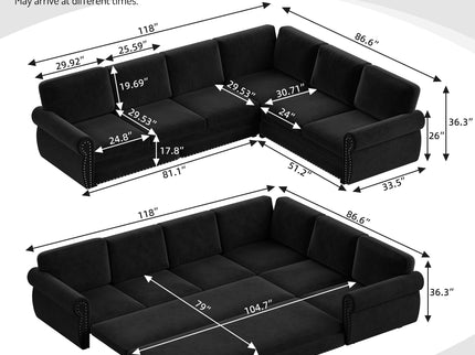 L-Shaped Sofa Couch With Pull Out Bed With Nailhead Trim & Rolled Arm