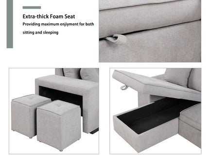 Modern L-Shape 3 Seat Reversible Sectional Couch, Pull Out Sleeper Sofa With Storage Chaise And 2 Stools For Living Room Furniture Set