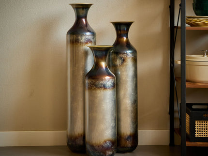Modern Droplet Shaped Floor Vase Set, Glazed Metal Decorative Vases 3 Piece Home Accent For Living Room - Gold / White