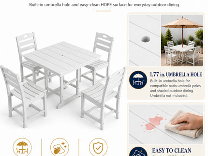 Outdoor Patio Dining Set, Square Table With Umbrella Hole And Armless Chairs