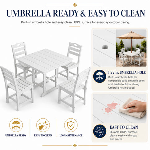 Outdoor Patio Dining Set, Square Table With Umbrella Hole And Armless Chairs