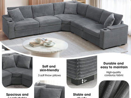 Convertible L Shaped Sectional Corner Couch With Armrest Storage Cup Holders USB Charger, Irregular Corner Oversized Comfy Modular Sofa