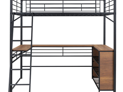 Full Size Loft Bed With 3 Layers Of Shelves And L-Shaped Desk - Black