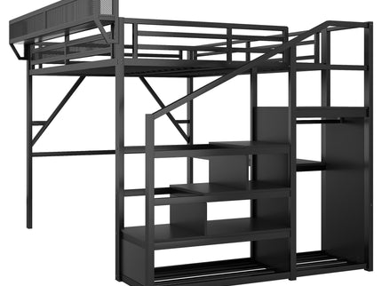Loft Bed With Desk And Charging Station With Stairs And Light