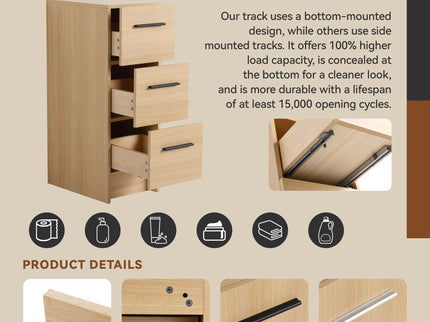 Slim Freestanding Bathroom Storage Cabinet, 3 Drawers - Light Oak