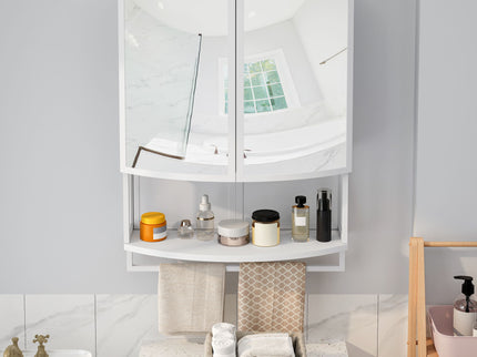 Arched Glass Double Door Wardrobe With Shatterproof Mirror, Open Shelf & Towel Rack
