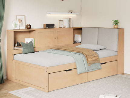 Twin L - Shaped Daybed With Storage Bookcase, Upholstered Headboard, USB Charging Ports & Hidden Drawers - Natural