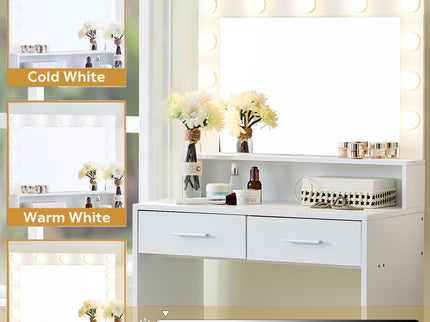 Vanity Desk With Mirror And Lights, Dressing Table With Large Drawer, 2 Level Storage Dresser & 3 Lighting Modes Adjustable Brightness, Suitable For Bedroom