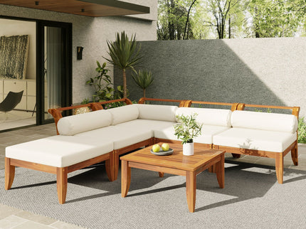 6 Piece Patio Sofa Set, Acacia Wood Outdoor Modular Sectional Garden Furniture Set L Shaped Conversation Set, Convertible Daybed With Tea Table, Ottoman, 5 Cushions And Pillows - Teak / Beige
