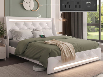 Wingback Upholstered Bed Frame With LED Lights, Charging Station