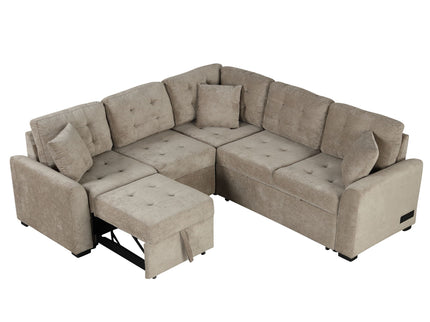 L-Shape Sofa Bed Pull-Out Sleeper Sofa With Wheels, USB Ports, Power Sockets For Living Room