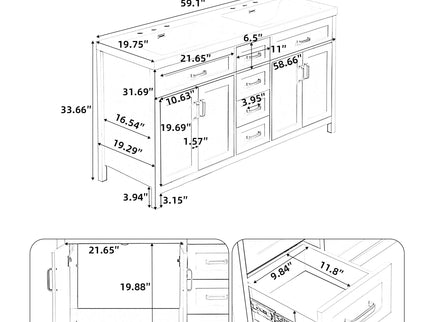 59.1" Minimalist Double Sink Bathroom Vanity With Top, Soft Close Doors & Drawers - White