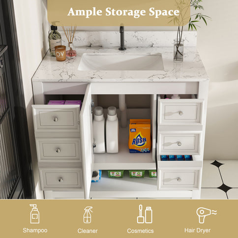 37" Bathroom Vanity, Multi Functional Cabinet With Doors And Drawers, Frame, Single Faucet Hole - White