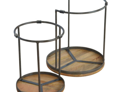 Round Stool Table With Iron Base (Set of 2) - Brown / Black