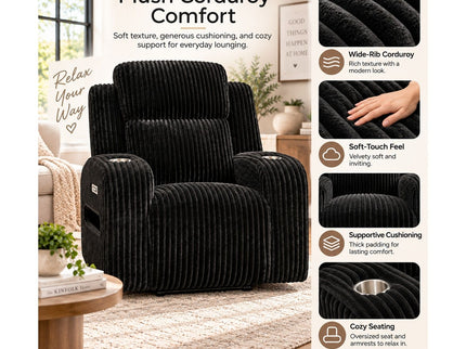 Power Recliner With Cup Holders And Ambient LED Lighting - Black