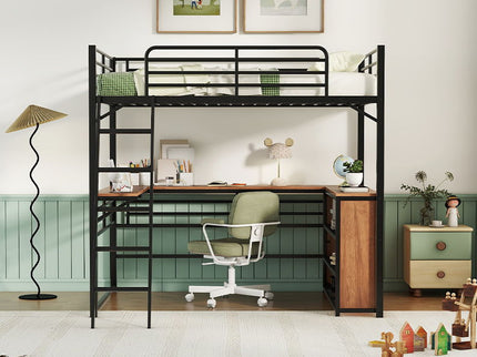 Full Size Loft Bed With 3 Layers Of Shelves And L-Shaped Desk - Black