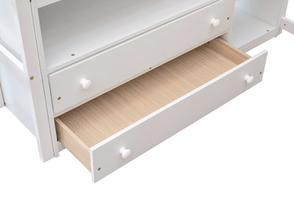 Modern Loft Bed With Built In Desk, Shelves, And 2 Drawers