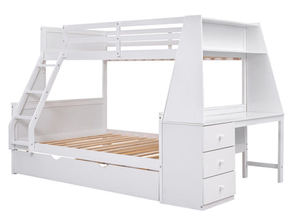 Bunk Bed With Trundle And Built In Desk, 3 Storage Drawers And Shelf