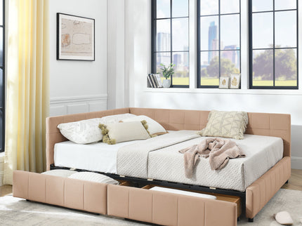 Mid-Century Storage Upholstered Tufted Bed Frame With Backrest And Armrests
