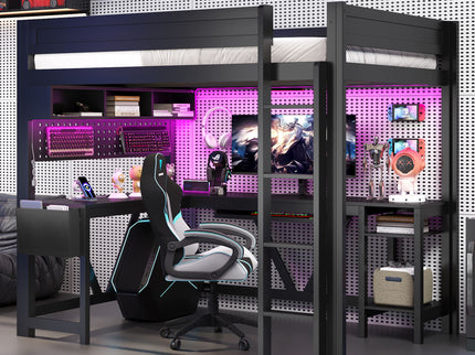 Gaming Loft Bed With Desk, Storage Shelves, LED And Charging Station