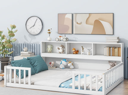 Floor Bed With Side Bookcase, Shelves, Guardrails