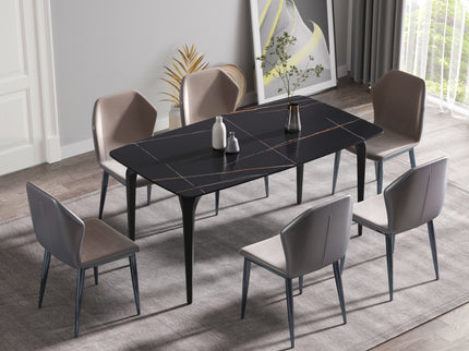 63" Artificial Stone Black Curved Black Metal Leg Dining Table, 6 People - Black
