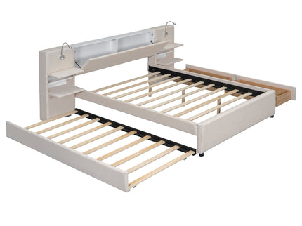Upholstered Platform Bed With Reading Lights, Drawers, Trundle And Shelves