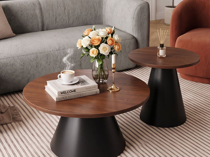 Nesting Coffee Table, Adjustable Foot Pads For Living Room (Set of 2) - Walnut / Black
