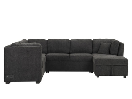 U-Shaped Sectional Sofa Pull Out Sofa Bed With Two USB Ports, Two Power Sockets, Three Back Pillows And A Storage Chaise For Living Room