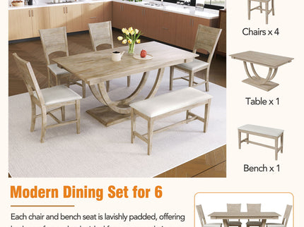 Topmax - 6 Piece Wood Half Round Dining Table Set Kitchen Table Set With Long Bench And 4 Dining Chairs, Modern Style