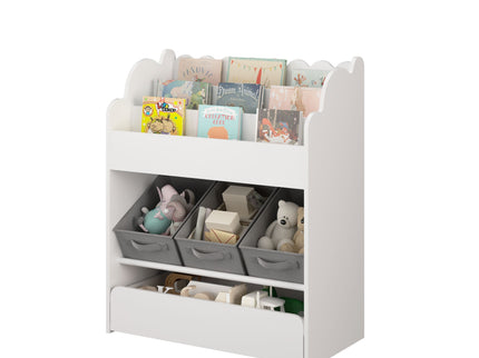 Bookshelf With Storage Bins And Drawer, Multi Functional Book Organizer For Toddlers - White