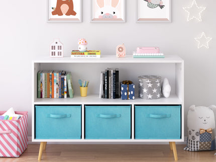 Bookcase With Collapsible Drawers, Book Display Storage Cabinet Organizer - White / Blue