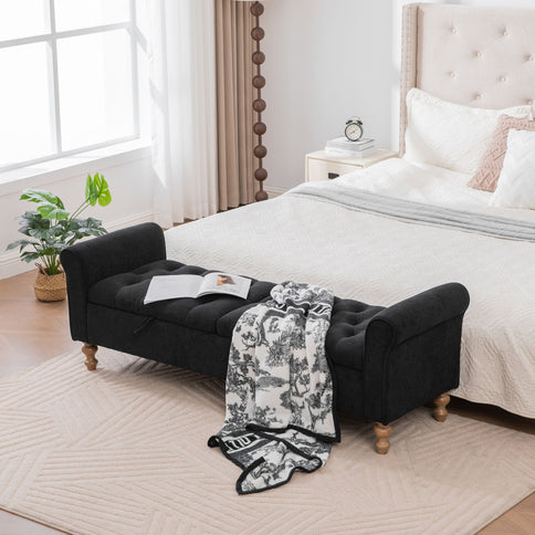 Modern Upholstered Storage Bench With Rolled Armrests]