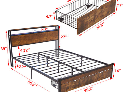 Modern Metal Platform Bed Frame With Wooden Headboard And Footboard, USB Charging Station, LED Lights, 2 Drawers
