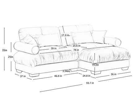 Modern Sectional Sofa With Ottoman, Round Bolster Armrests, Waist And Throw Pillows