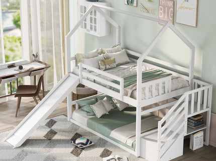 Twin Over Twin House Bunk Bed With Convertible Slide, Storage Staircase