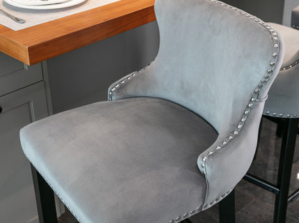 Contemporary Upholstered Wing-Back Barstools With Button Tufted Decoration And Wooden Legs, And Nailhead Trim, Leisure Style Bar Chairs, Bar Stools (Set of 2)